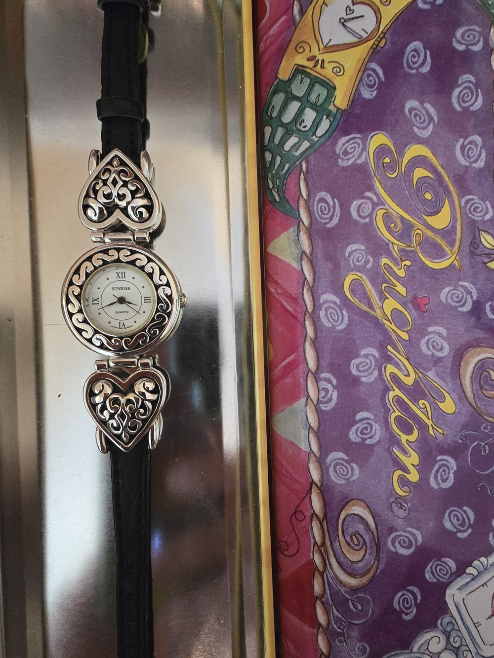 Brighton Geneva 1997 Black Leather Heart Motif Ladies Watch